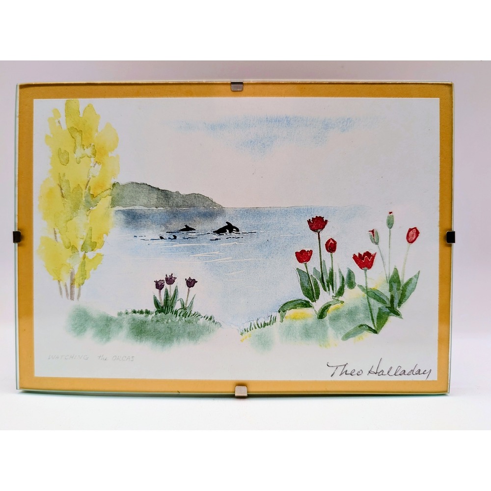 Theo Halladay Watching the Orcas Watercolor Art Print Frameless Glass 5x7